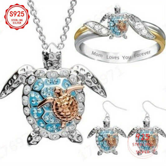 Jewelry Set for Women - Turtle Necklace Earrings Ring 3pcs S925 Silver, Cubic Zirconia Inlaid Gold - main product view