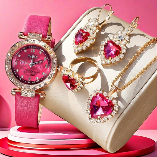 Jewelry Set with Watch - & for Women 5-Piece Rose Red Rhinestone Quartz Wristwatch, Necklace - main product view