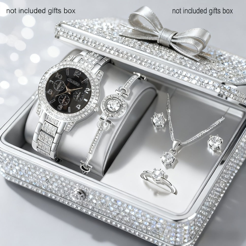 Jewelry Set with Watch - Women & 6 Pieces Luxury Ladies Wristwatch with Bracelet, Necklace - product detail view 8