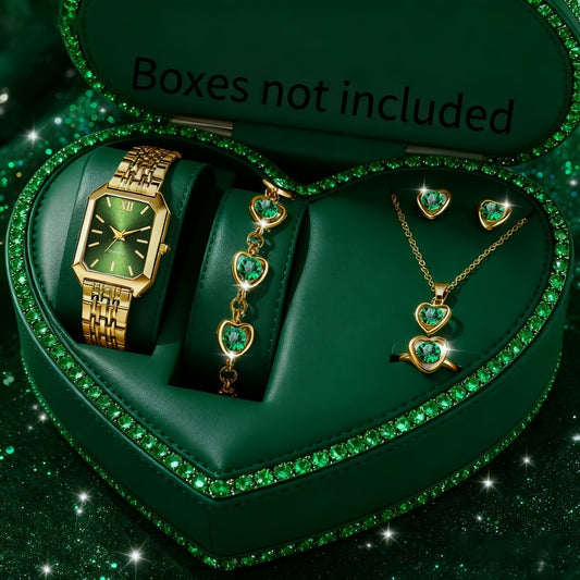 Jewelry Set with Watch - Women 6pcs Elegant Minimalist Quartz Square Dial Ladies with Heart Pendant - main product view