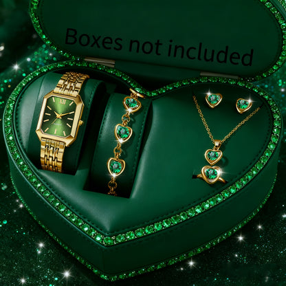 Jewelry Set with Watch - Women 6pcs Elegant Minimalist Quartz Square Dial Ladies with Heart Pendant - product detail view 58