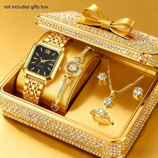Jewelry Set with Watch - Women 6PCS Luxury Rhinestone Bracelet Ring Necklace Earrings Quartz - main product view