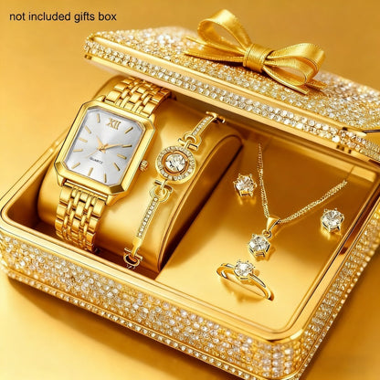 Jewelry Set with Watch - Women 6PCS Luxury Rhinestone Bracelet Ring Necklace Earrings Quartz - product detail view 8
