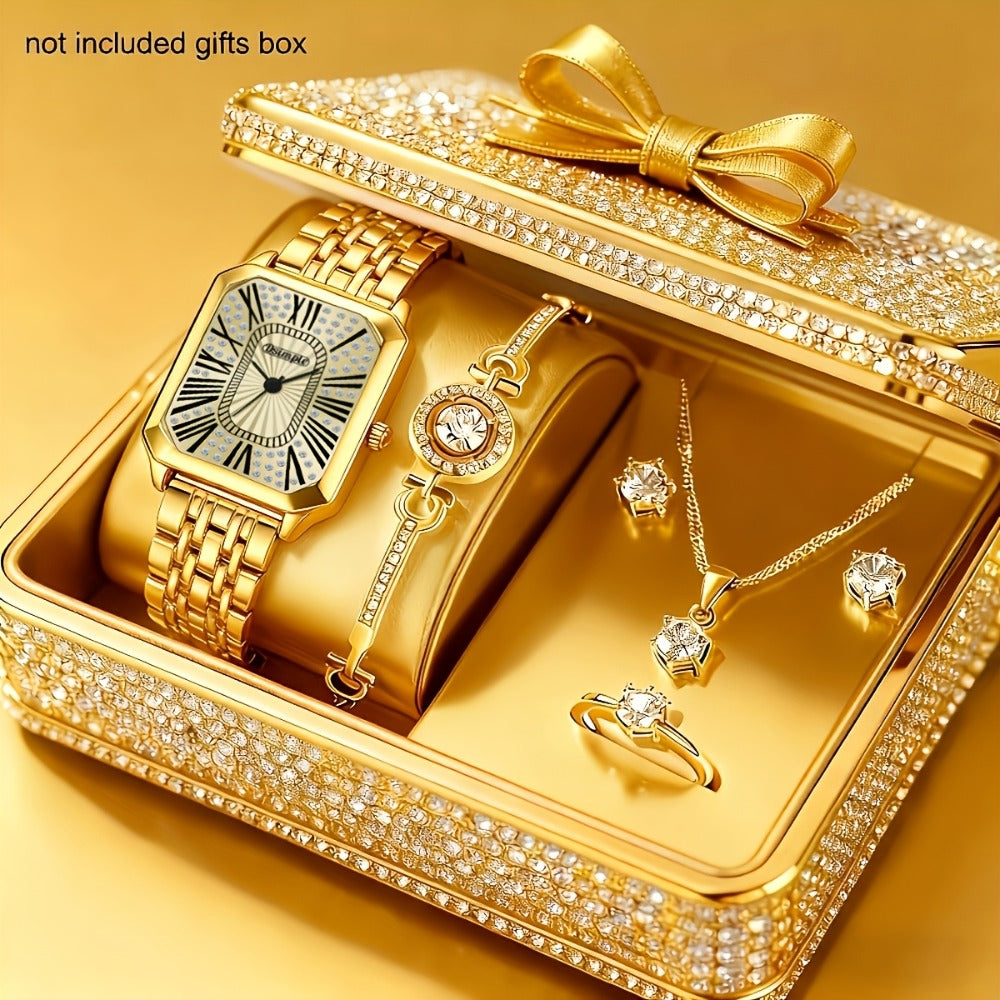 Jewelry Set with Watch - Women 6PCS Luxury Rhinestone Bracelet Ring Necklace Earrings Quartz - product detail view 9