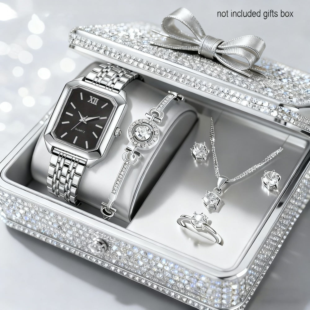 Jewelry Set with Watch - Women 6PCS Luxury Rhinestone Bracelet Ring Necklace Earrings Quartz - product detail view 10