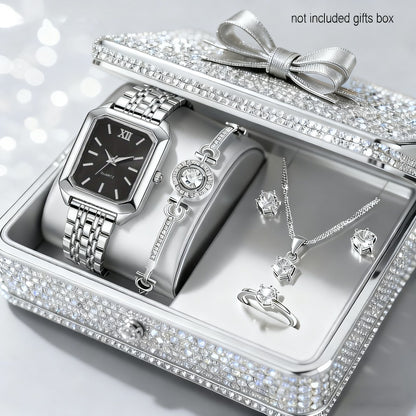 Jewelry Set with Watch - Women 6PCS Luxury Rhinestone Bracelet Ring Necklace Earrings Quartz - product detail view 10
