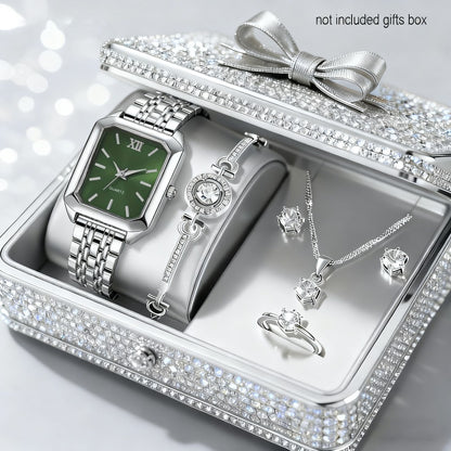 Jewelry Set with Watch - Women 6PCS Luxury Rhinestone Bracelet Ring Necklace Earrings Quartz - product detail view 14