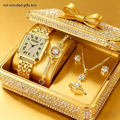 Jewelry Set with Watch - Women 6PCS Luxury Rhinestone Bracelet Ring Necklace Earrings Quartz - product detail view 22