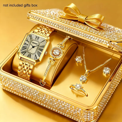 Jewelry Set with Watch - Women 6PCS Luxury Rhinestone Bracelet Ring Necklace Earrings Quartz - product detail view 23
