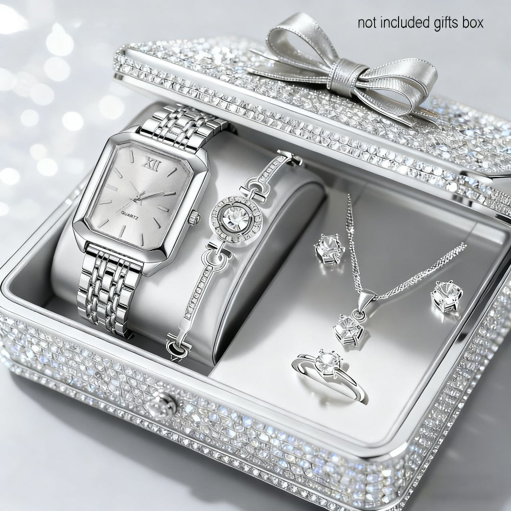 Jewelry Set with Watch - Women 6PCS Luxury Rhinestone Bracelet Ring Necklace Earrings Quartz - product detail view 64