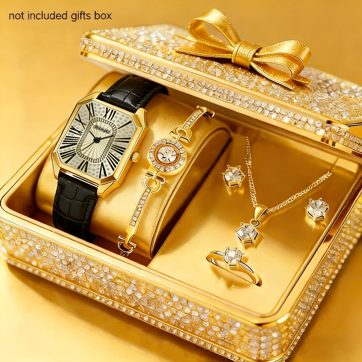 Jewelry Set with Watch - Women 6PCS Luxury Rhinestone Bracelet Ring Necklace Earrings Quartz - product detail view 65