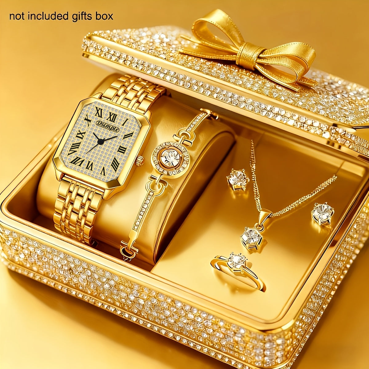 Jewelry Set with Watch - Women 6PCS Luxury Rhinestone Bracelet Ring Necklace Earrings Quartz - product detail view 66