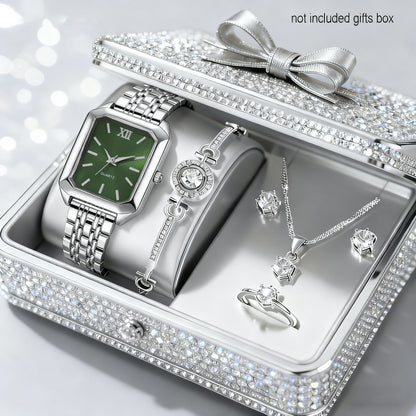 Jewelry Set with Watch - Women 6PCS Luxury Rhinestone Bracelet Ring Necklace Earrings Quartz - product detail view 70