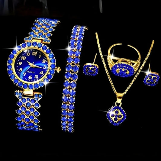 Jewelry Set with Watch - Blue Rhinestone Women's & 6pcs Luxury Crystal Quartz with Matching Fashion - main product view