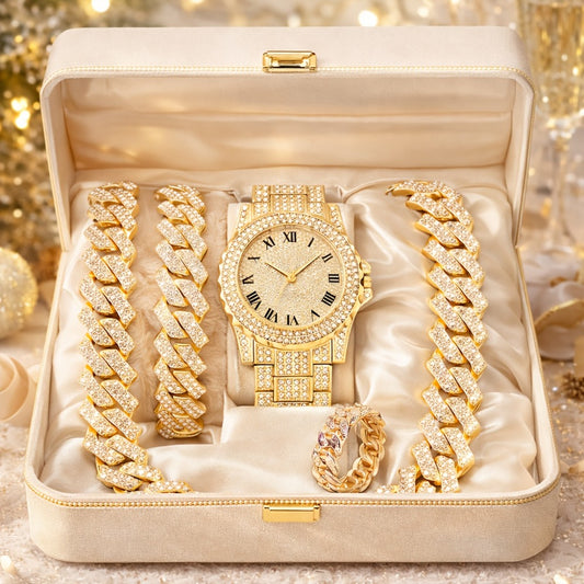 Jewelry Set with Watch - Cuban Link Bracelet and Gift for Men Luxury Statement Gold Silver Concert - main product view