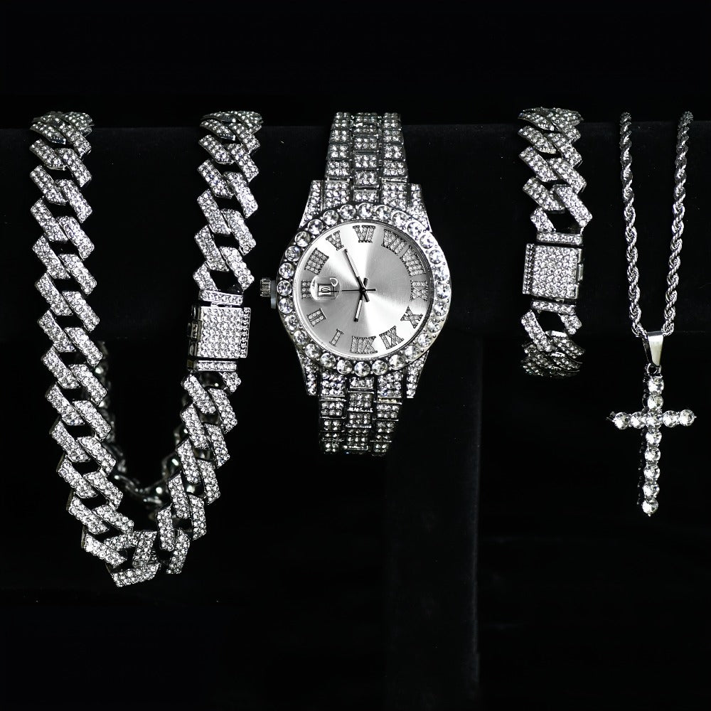 Jewelry Set with Watch - Cuban Link for Women Necklace, Bracelet, Pendant & Wristwatch Full - product detail view 3