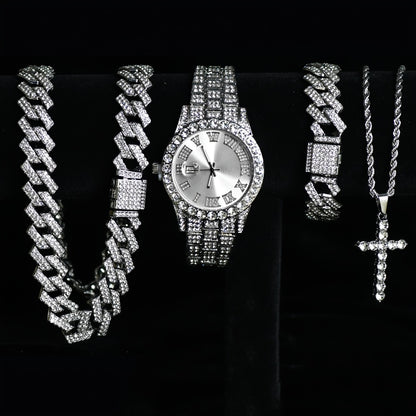 Jewelry Set with Watch - Cuban Link for Women Necklace, Bracelet, Pendant & Wristwatch Full - product detail view 3