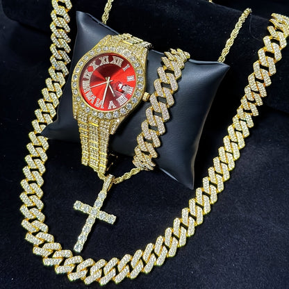Jewelry Set with Watch - Cuban Link for Women Necklace, Bracelet, Pendant & Wristwatch Full - product detail view 6