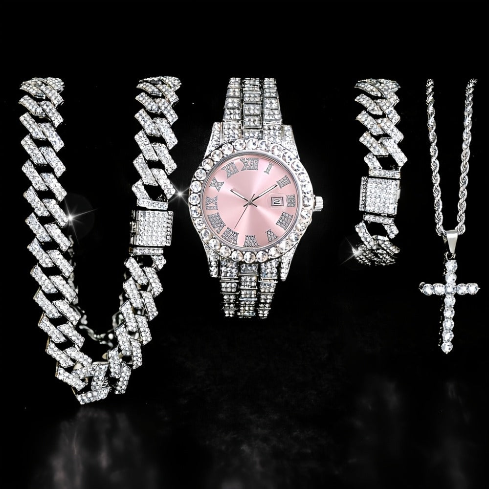 Jewelry Set with Watch - Cuban Link for Women Necklace, Bracelet, Pendant & Wristwatch Full - product detail view 7