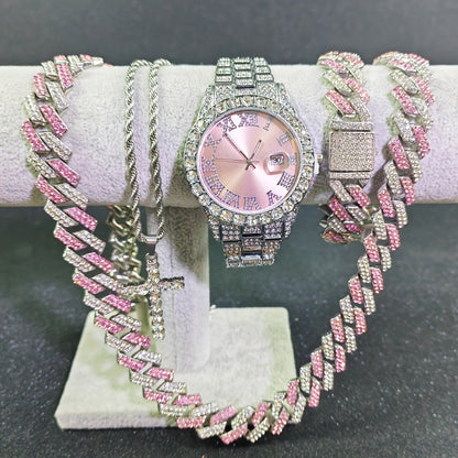 Jewelry Set with Watch - Cuban Link for Women Necklace, Bracelet, Pendant & Wristwatch Full - product detail view 15