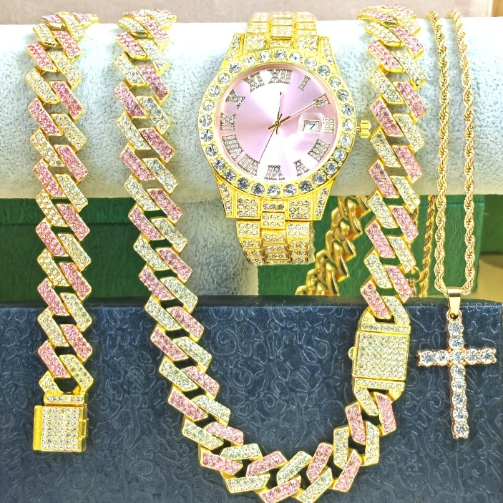 Jewelry Set with Watch - Cuban Link for Women Necklace, Bracelet, Pendant & Wristwatch Full - product detail view 16