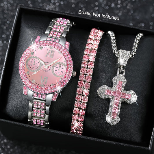 Jewelry Set with Watch - Fashion and 3Pcs - Rhinestone Ring Bracelet Gift for Women, Elegant Pink - main product view