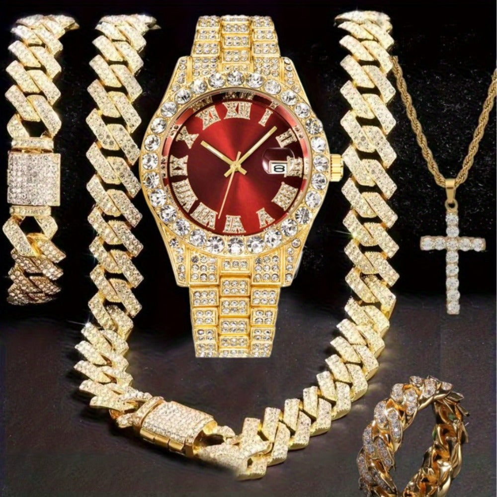 Jewelry Set with Watch - Hip Hop Men Cuban Chain Pendant Necklace Bracelet Blue Black Green Red - main product view