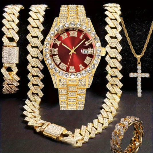 Jewelry Set with Watch - Hip Hop Men Cuban Chain Pendant Necklace Bracelet Blue Black Green Red - main product view
