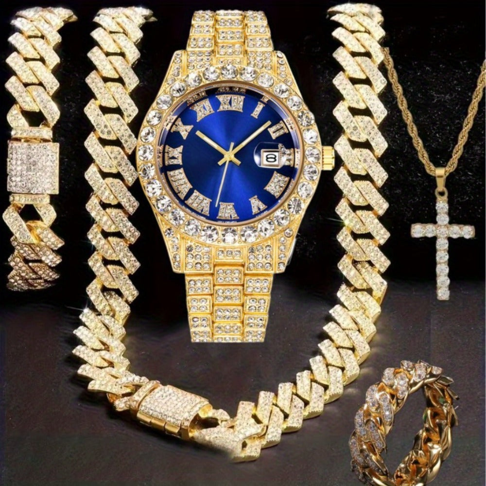 Jewelry Set with Watch - Hip Hop Men Cuban Chain Pendant Necklace Bracelet Blue Black Green Red - product detail view 2