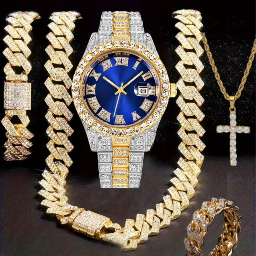 Jewelry Set with Watch - Hip Hop Men Cuban Chain Pendant Necklace Bracelet Blue Black Green Red - product detail view 3