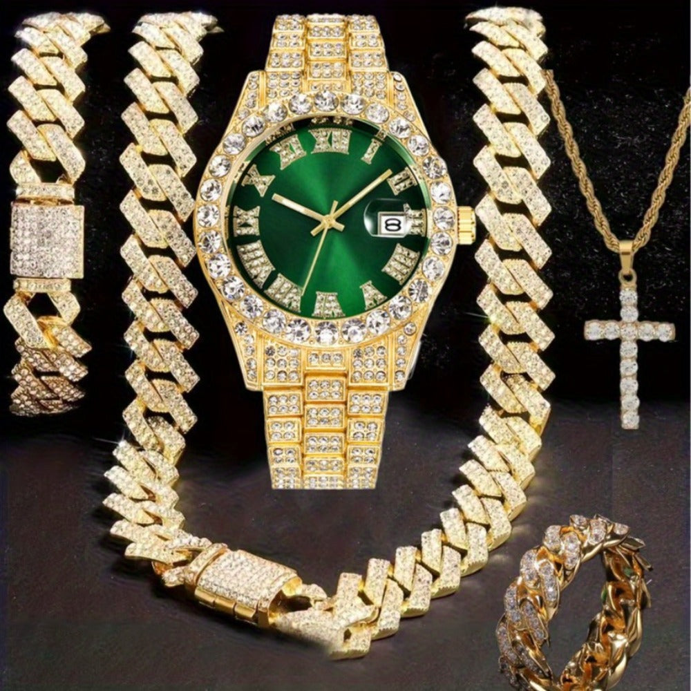 Jewelry Set with Watch - Hip Hop Men Cuban Chain Pendant Necklace Bracelet Blue Black Green Red - product detail view 4
