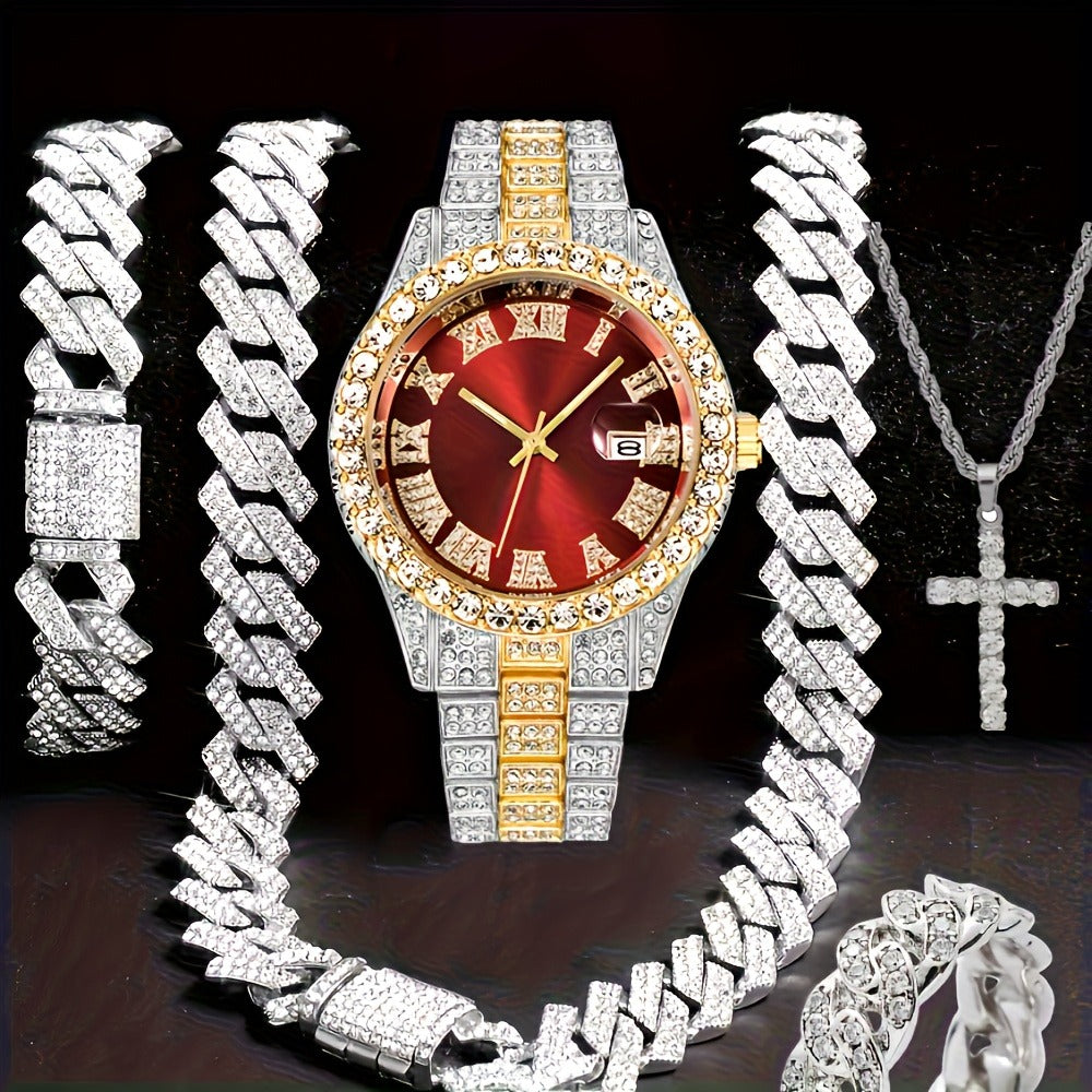 Jewelry Set with Watch - Hip Hop Men Cuban Chain Pendant Necklace Bracelet Blue Black Green Red - product detail view 5