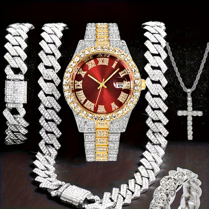 Jewelry Set with Watch - Hip Hop Men Cuban Chain Pendant Necklace Bracelet Blue Black Green Red - product detail view 5