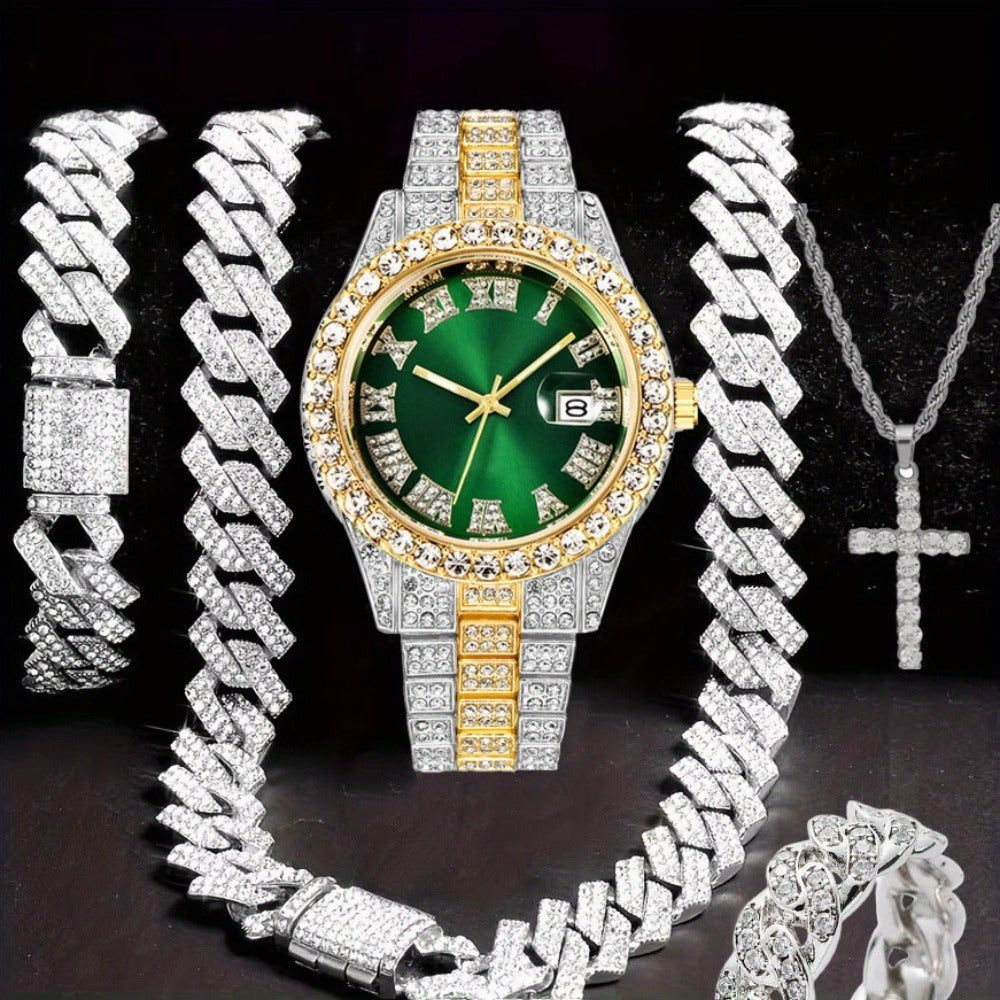 Jewelry Set with Watch - Hip Hop Men Cuban Chain Pendant Necklace Bracelet Blue Black Green Red - product detail view 6
