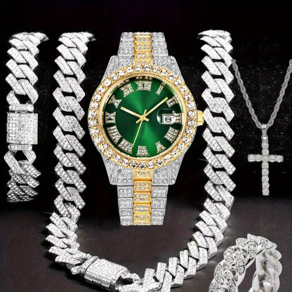 Jewelry Set with Watch - Hip Hop Men Cuban Chain Pendant Necklace Bracelet Blue Black Green Red - product detail view 6