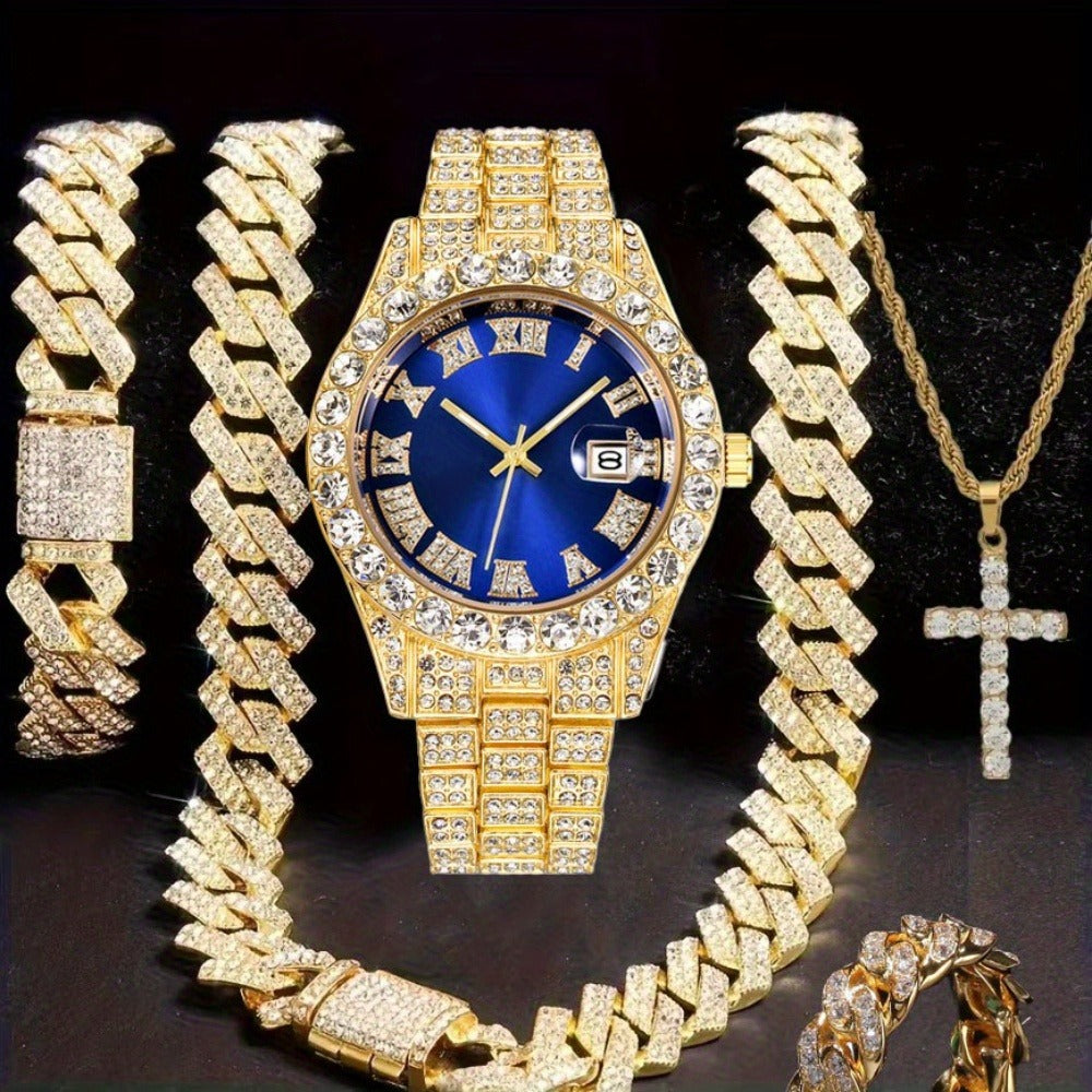 Jewelry Set with Watch - Hip Hop Men Cuban Chain Pendant Necklace Bracelet Blue Black Green Red - product detail view 10