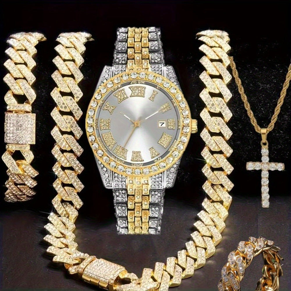 Jewelry Set with Watch - Hip Hop Men Cuban Chain Pendant Necklace Bracelet Blue Black Green Red - product detail view 14