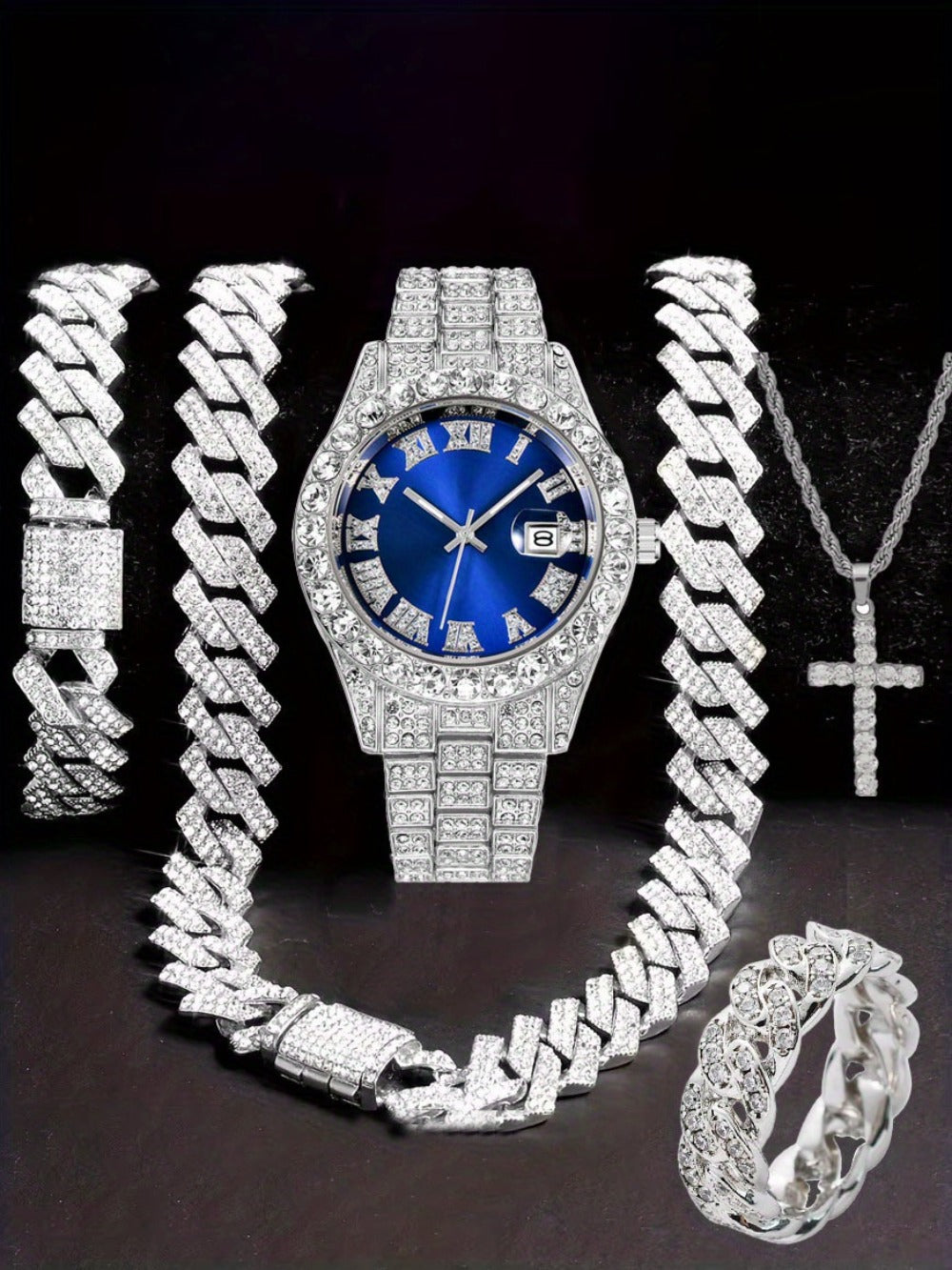Jewelry Set with Watch - Hip Hop Men Cuban Chain Pendant Necklace Bracelet Blue Black Green Red - product detail view 15