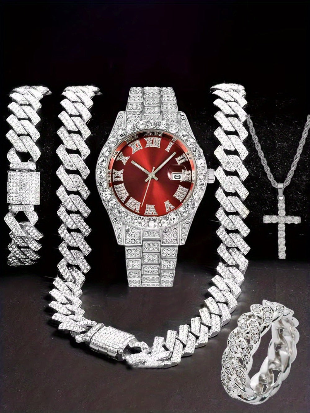 Jewelry Set with Watch - Hip Hop Men Cuban Chain Pendant Necklace Bracelet Blue Black Green Red - product detail view 16