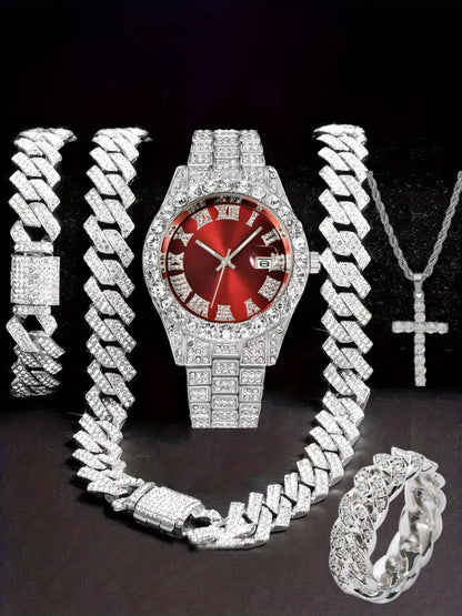 Jewelry Set with Watch - Hip Hop Men Cuban Chain Pendant Necklace Bracelet Blue Black Green Red - product detail view 16