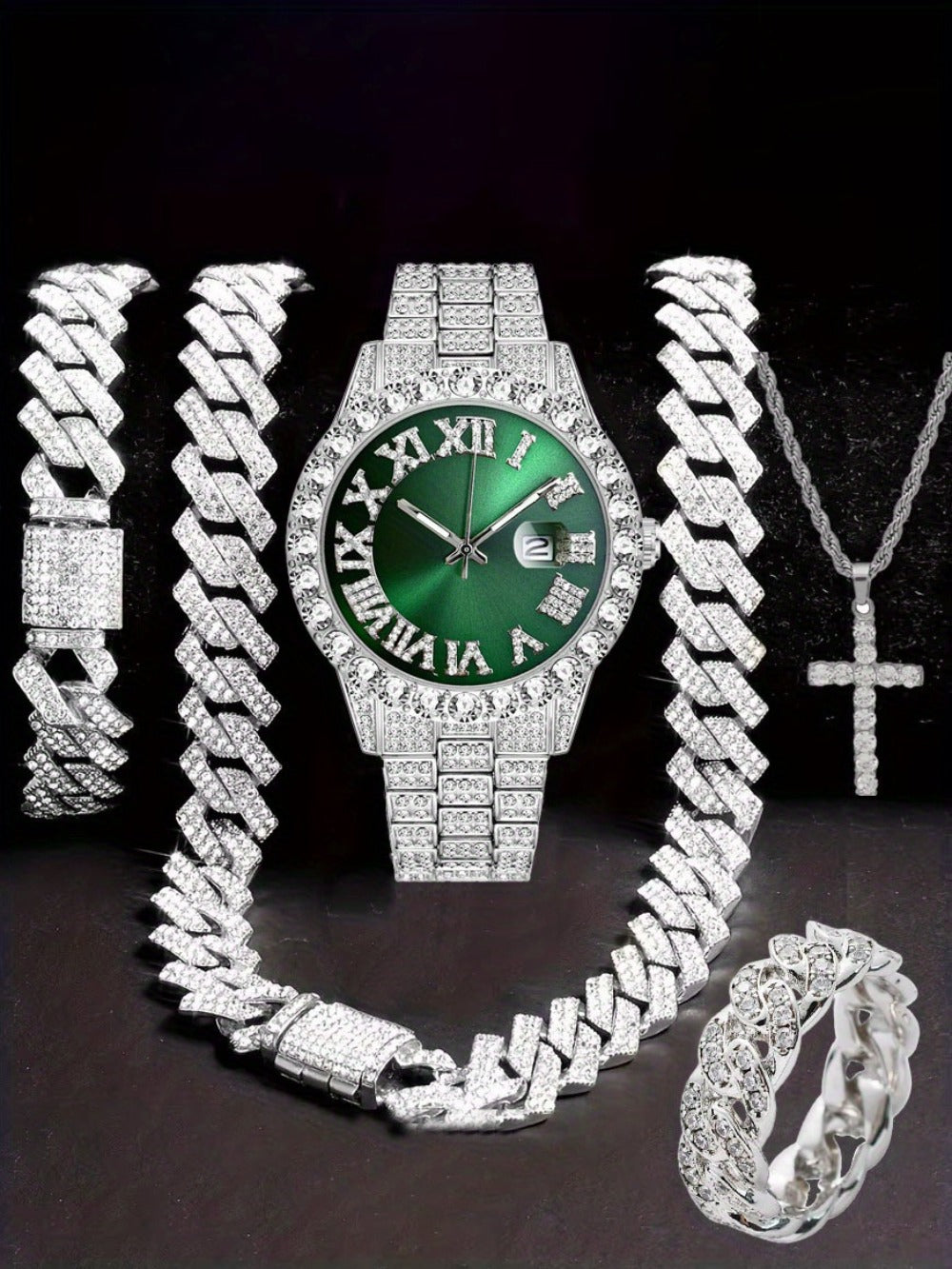 Jewelry Set with Watch - Hip Hop Men Cuban Chain Pendant Necklace Bracelet Blue Black Green Red - product detail view 17