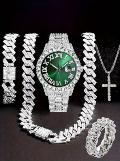 Jewelry Set with Watch - Hip Hop Men Cuban Chain Pendant Necklace Bracelet Blue Black Green Red - product detail view 17