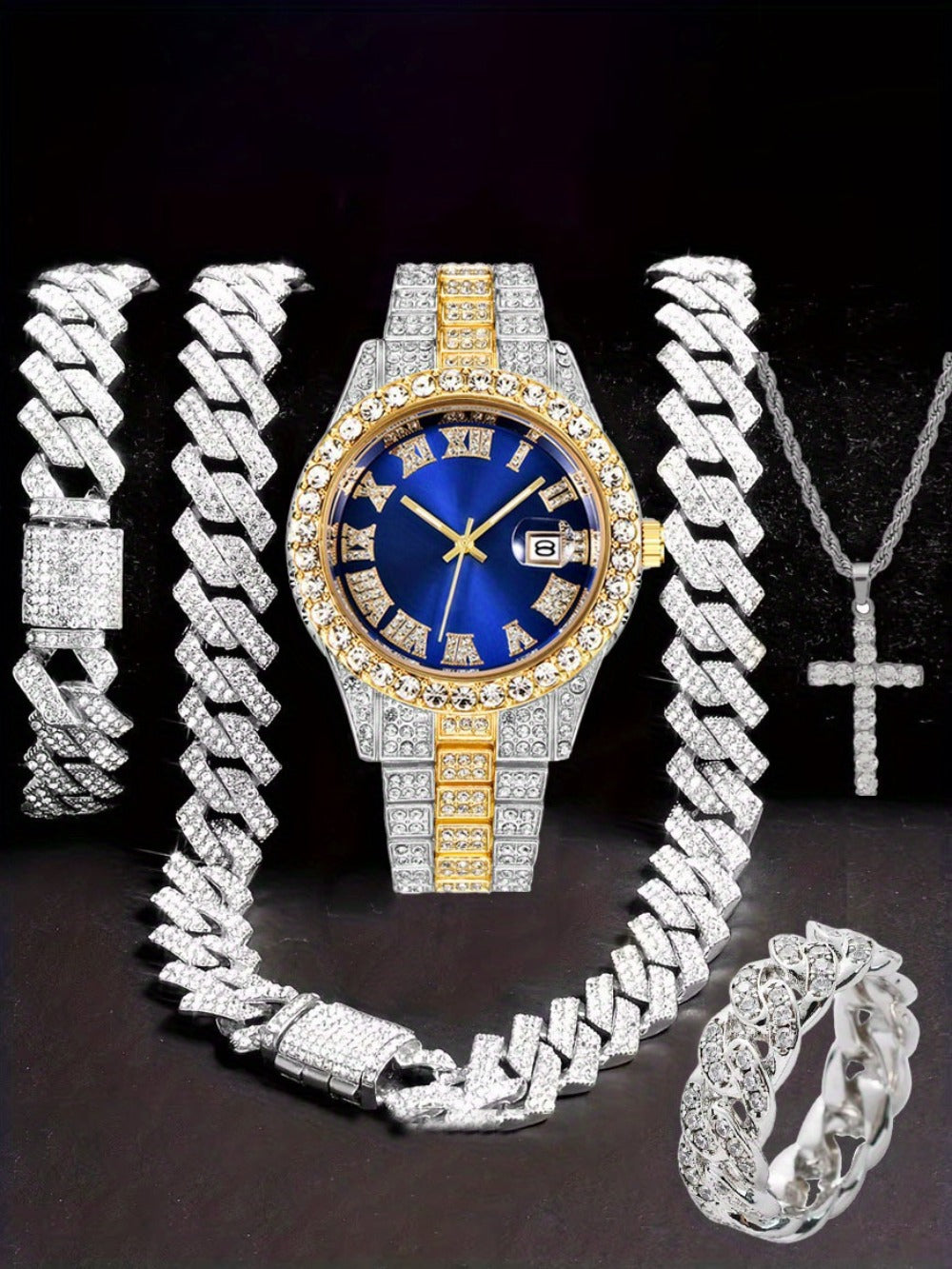 Jewelry Set with Watch - Hip Hop Men Cuban Chain Pendant Necklace Bracelet Blue Black Green Red - product detail view 18