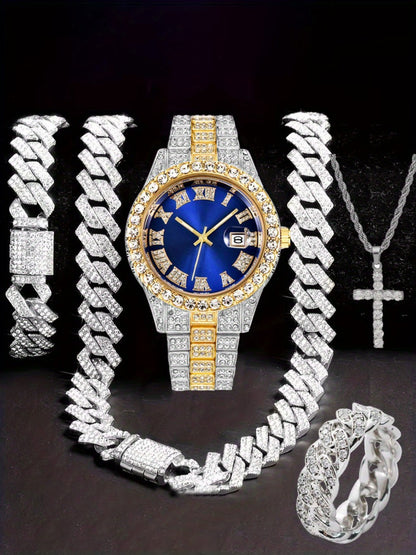 Jewelry Set with Watch - Hip Hop Men Cuban Chain Pendant Necklace Bracelet Blue Black Green Red - product detail view 18