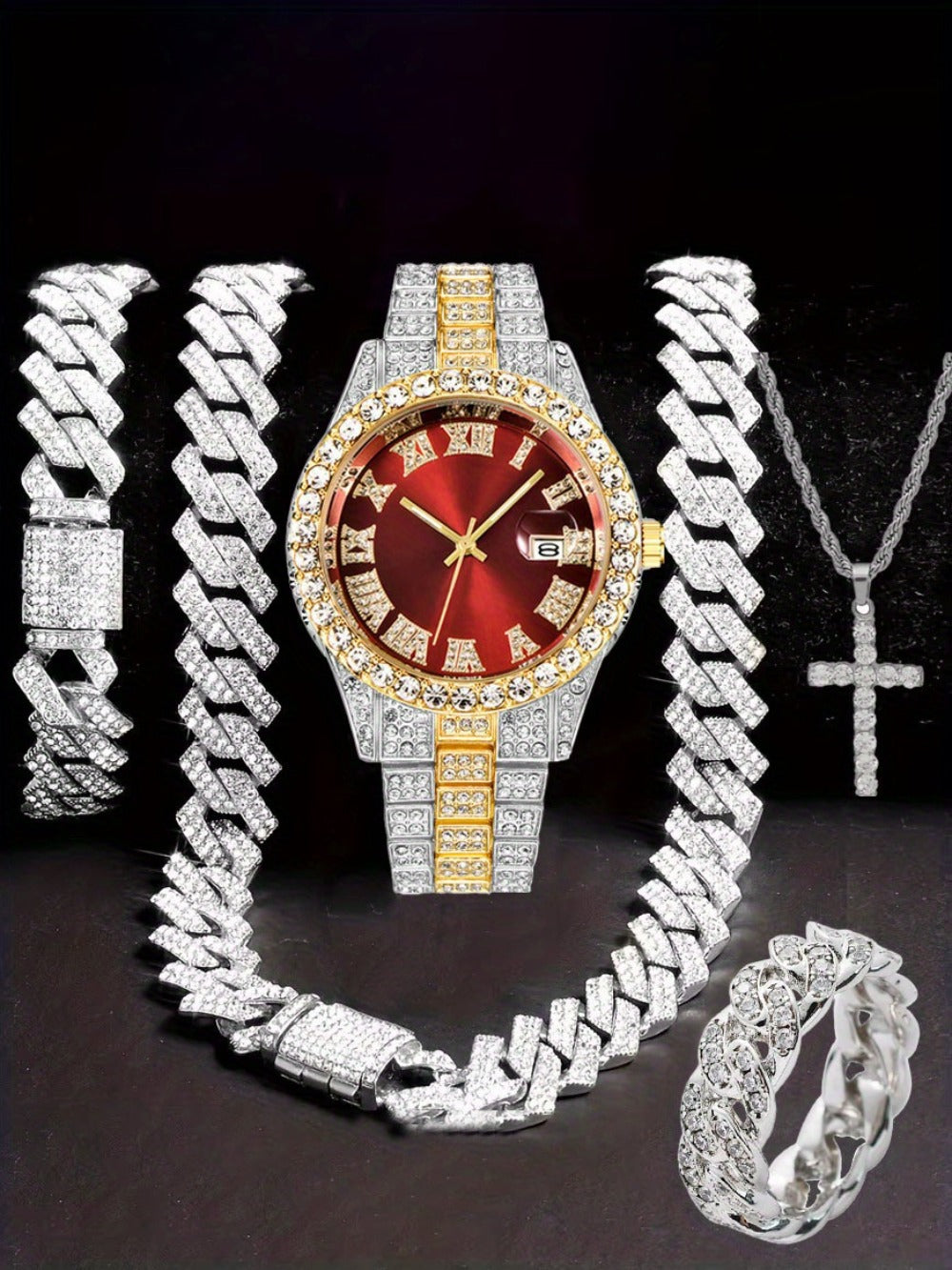 Jewelry Set with Watch - Hip Hop Men Cuban Chain Pendant Necklace Bracelet Blue Black Green Red - product detail view 19