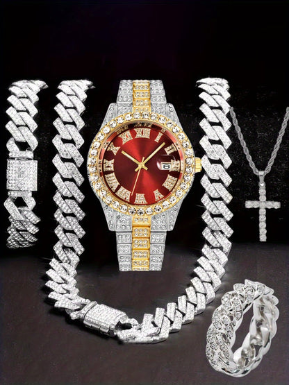 Jewelry Set with Watch - Hip Hop Men Cuban Chain Pendant Necklace Bracelet Blue Black Green Red - product detail view 19