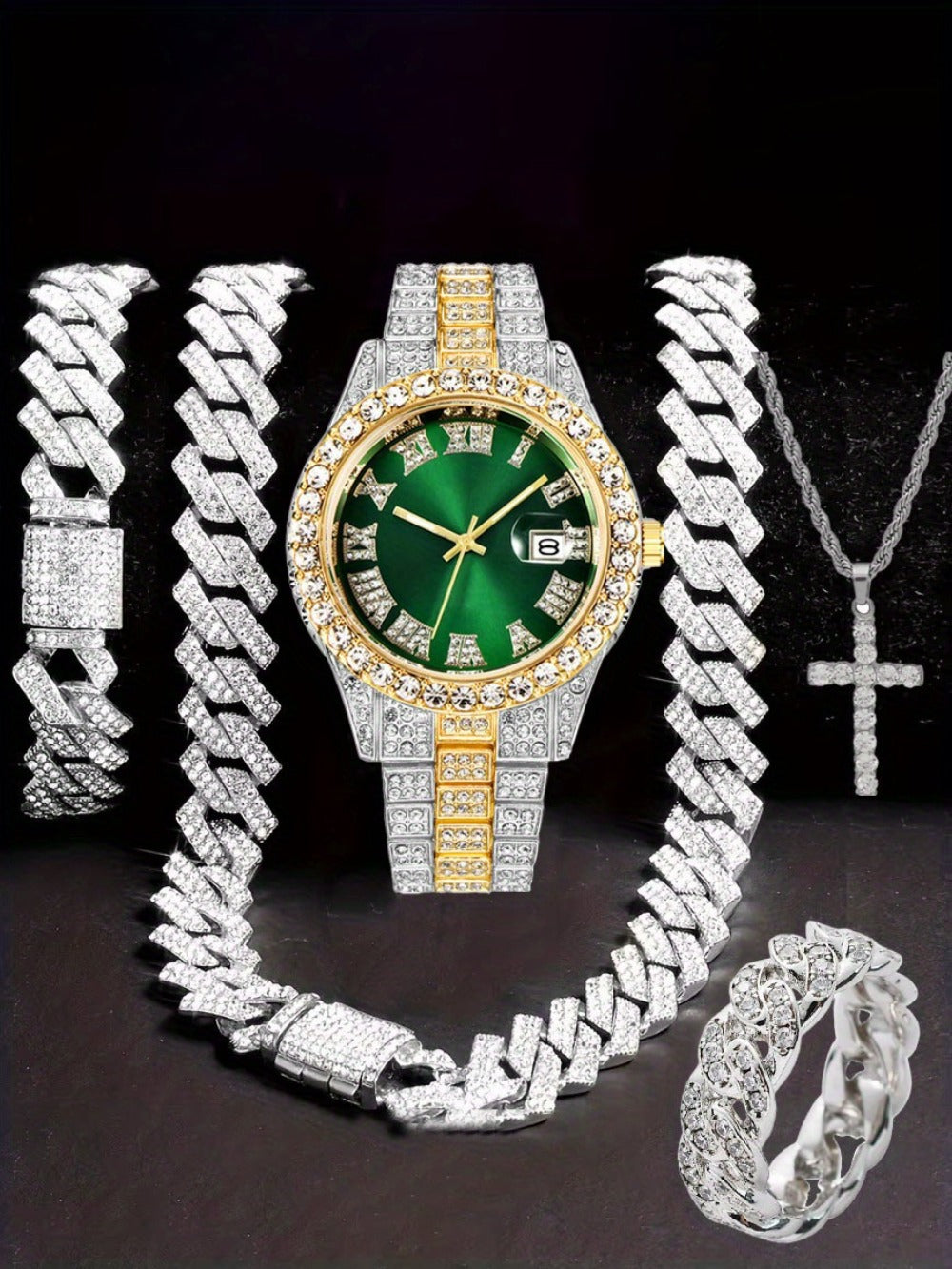 Jewelry Set with Watch - Hip Hop Men Cuban Chain Pendant Necklace Bracelet Blue Black Green Red - product detail view 20