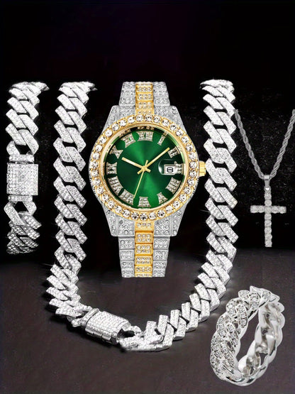 Jewelry Set with Watch - Hip Hop Men Cuban Chain Pendant Necklace Bracelet Blue Black Green Red - product detail view 20