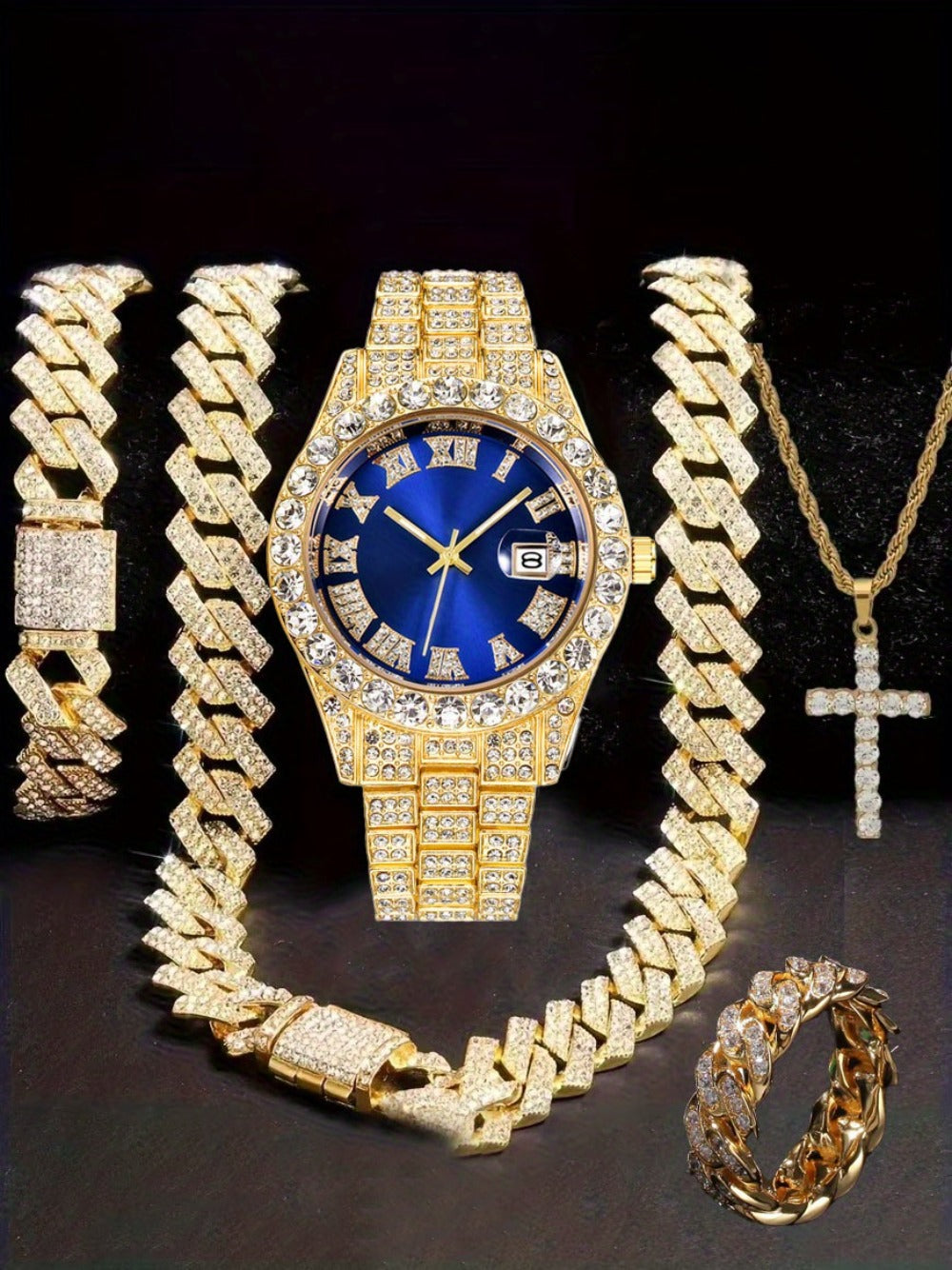 Jewelry Set with Watch - Hip Hop Men Cuban Chain Pendant Necklace Bracelet Blue Black Green Red - product detail view 21