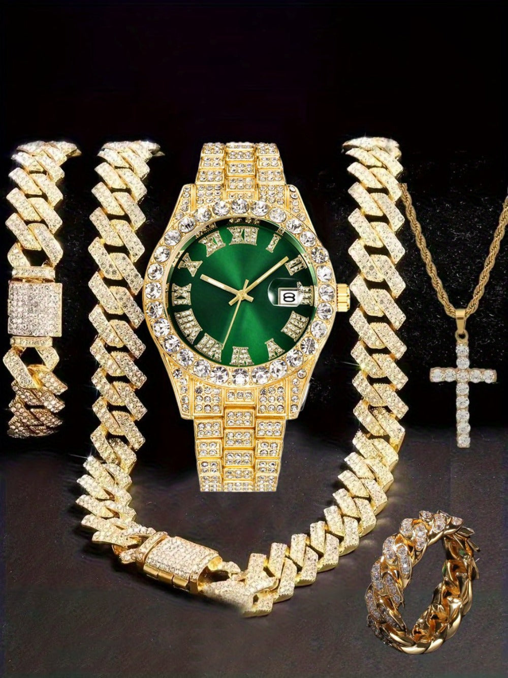 Jewelry Set with Watch - Hip Hop Men Cuban Chain Pendant Necklace Bracelet Blue Black Green Red - product detail view 23